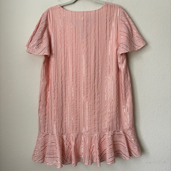 Anna Cate Flirty Ruffle Hemline Metallic Stripe V-Neck Shift Dress - Picture 12 of 13